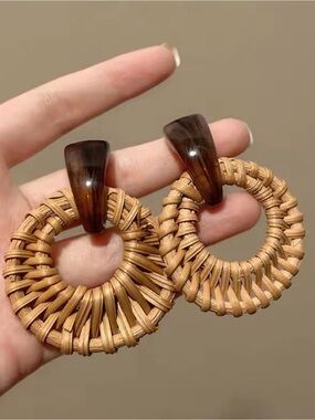 Handwoven Rattan Hoop Earrings with Brown Resin Accent